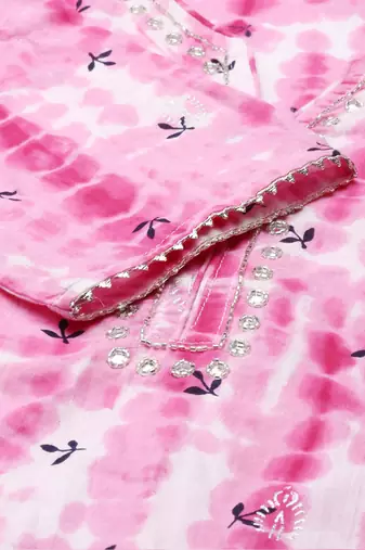women's scoop neck abstract shibori pink straight kurta and trouser with dupatta