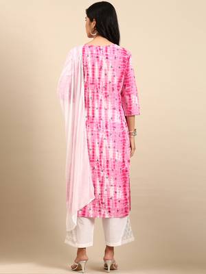 women's scoop neck abstract shibori pink straight kurta and trouser with dupatta 4