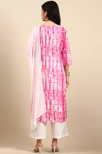 women's scoop neck abstract shibori pink straight kurta and trouser with dupatta