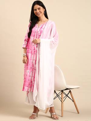 women's scoop neck abstract shibori pink straight kurta and trouser with dupatta 5