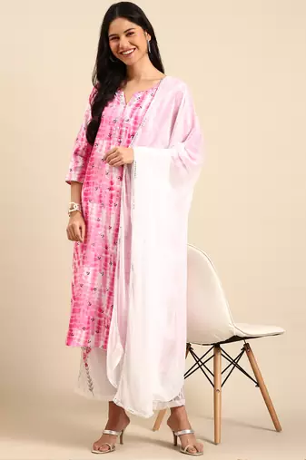 women's scoop neck abstract shibori pink straight kurta and trouser with dupatta