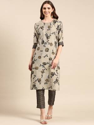 Showoff women's round neck floral screen print taupe straight kurta and trouser 1