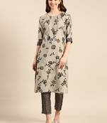 Showoff women's round neck floral screen print taupe straight kurta and trouser