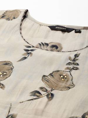 Showoff women's round neck floral screen print taupe straight kurta and trouser 3