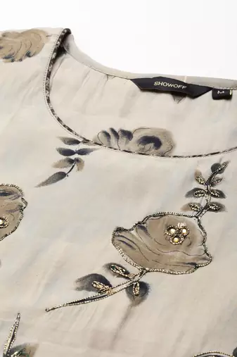 Showoff women's round neck floral screen print taupe straight kurta and trouser