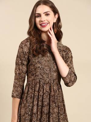 women's round neck floral batik taupe anarkali kurta and trouser 1