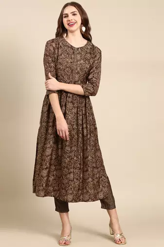 women's round neck floral batik taupe anarkali kurta and trouser