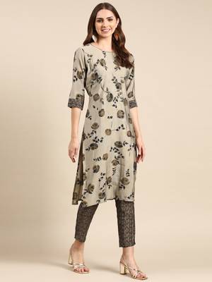 Showoff women's round neck floral screen print taupe straight kurta and trouser 4