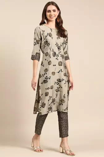 Showoff women's round neck floral screen print taupe straight kurta and trouser
