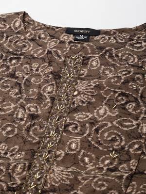 women's round neck floral batik taupe anarkali kurta and trouser 3