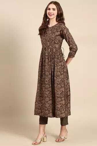women's round neck floral batik taupe anarkali kurta and trouser