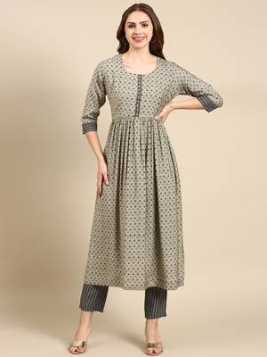 women's round neck ethnic motifs ajrakh taupe anarkali kurta and trouser 2