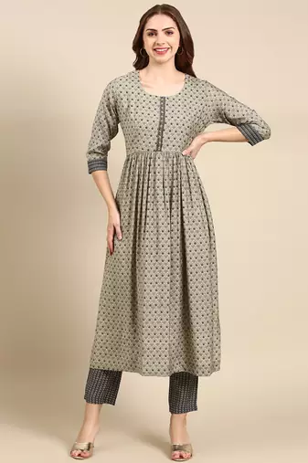 women's round neck ethnic motifs ajrakh taupe anarkali kurta and trouser