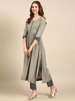 women's round neck ethnic motifs ajrakh taupe anarkali kurta and trouser 4