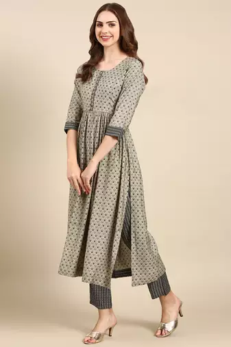 women's round neck ethnic motifs ajrakh taupe anarkali kurta and trouser