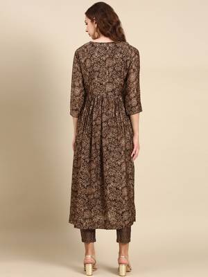 women's round neck floral batik taupe anarkali kurta and trouser 5
