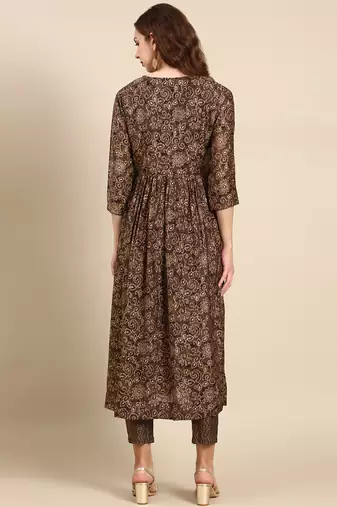 women's round neck floral batik taupe anarkali kurta and trouser
