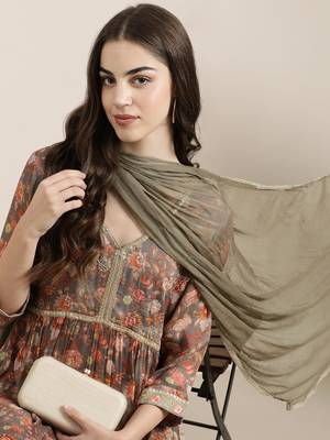 women's v-neck floral taupe a-line kurti and sharara with dupatta 2
