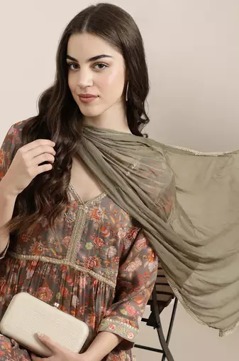 women's v-neck floral taupe a-line kurti and sharara with dupatta