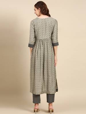 women's round neck ethnic motifs ajrakh taupe anarkali kurta and trouser 5