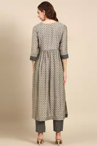 women's round neck ethnic motifs ajrakh taupe anarkali kurta and trouser