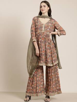 women's v-neck floral taupe a-line kurti and sharara with dupatta 3
