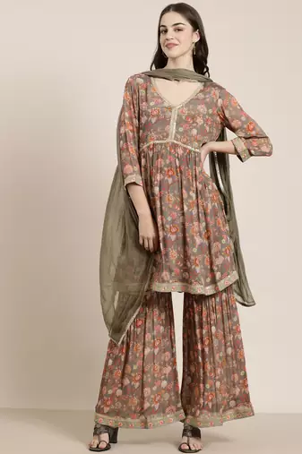 women's v-neck floral taupe a-line kurti and sharara with dupatta