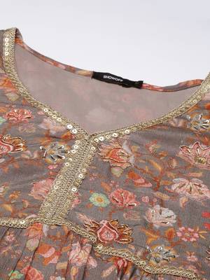 women's v-neck floral taupe a-line kurti and sharara with dupatta 4