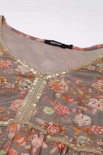 women's v-neck floral taupe a-line kurti and sharara with dupatta