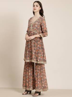 women's v-neck floral taupe a-line kurti and sharara with dupatta 1