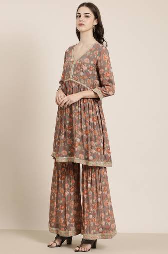 women's v-neck floral taupe a-line kurti and sharara with dupatta