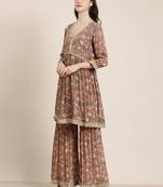 women's v-neck floral taupe a-line kurti and sharara with dupatta