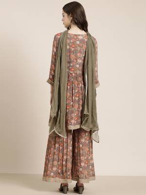 women's v-neck floral taupe a-line kurti and sharara with dupatta 5