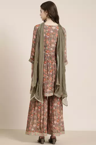 women's v-neck floral taupe a-line kurti and sharara with dupatta
