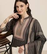 women's mandarin collar floral taupe straight kurta and trouser with dupatta