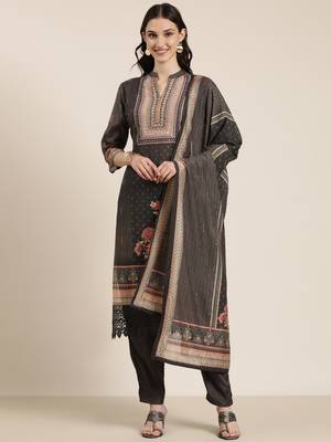 women's mandarin collar floral taupe straight kurta and trouser with dupatta 2