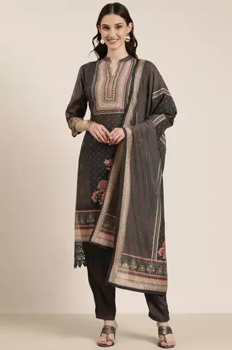 women's mandarin collar floral taupe straight kurta and trouser with dupatta