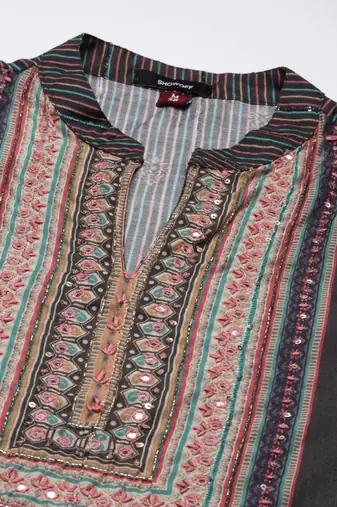women's mandarin collar floral taupe straight kurta and trouser with dupatta