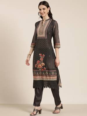 women's mandarin collar floral taupe straight kurta and trouser with dupatta 4