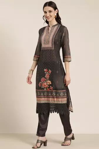 women's mandarin collar floral taupe straight kurta and trouser with dupatta