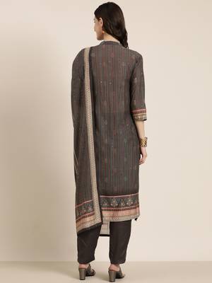 women's mandarin collar floral taupe straight kurta and trouser with dupatta 5