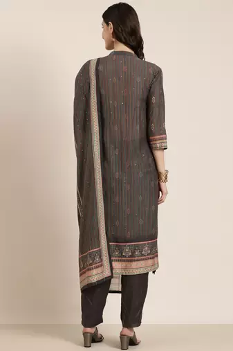 women's mandarin collar floral taupe straight kurta and trouser with dupatta