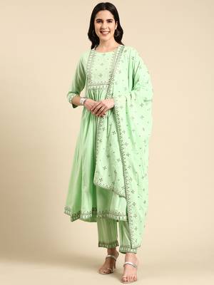 women's round neck solid green anarkali kurta and trouser with dupatta 1