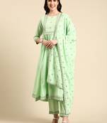 women's round neck solid green anarkali kurta and trouser with dupatta