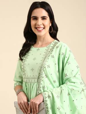 women's round neck solid green anarkali kurta and trouser with dupatta 2
