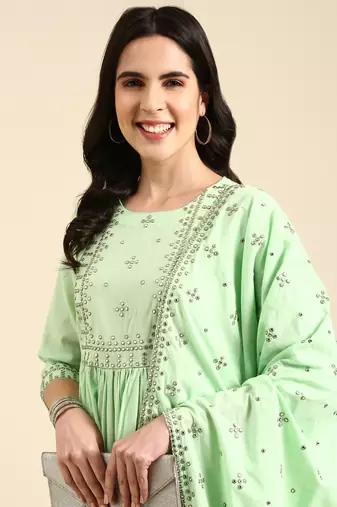 women's round neck solid green anarkali kurta and trouser with dupatta