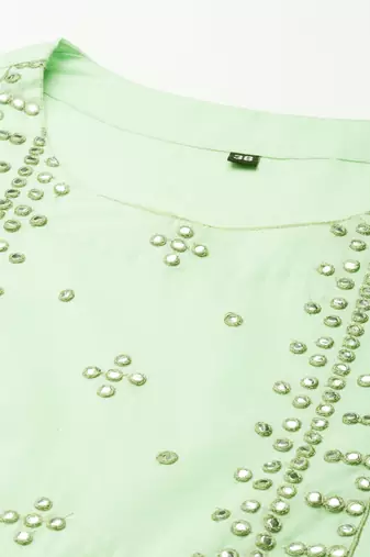 women's round neck solid green anarkali kurta and trouser with dupatta