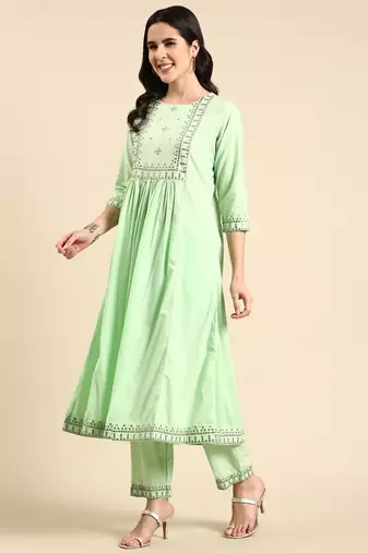 women's round neck solid green anarkali kurta and trouser with dupatta