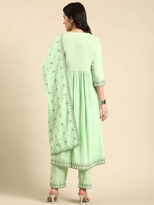 women's round neck solid green anarkali kurta and trouser with dupatta 5