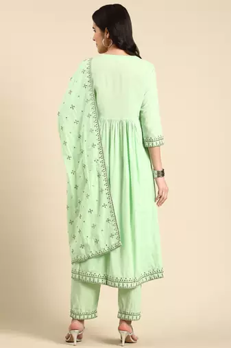 women's round neck solid green anarkali kurta and trouser with dupatta